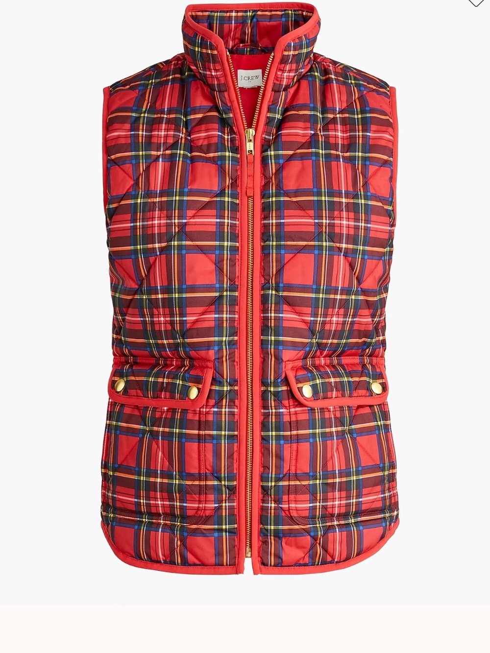 J Crew red plaid Tartan puffer vest snap pockets S #gilet #plaid #equestrian